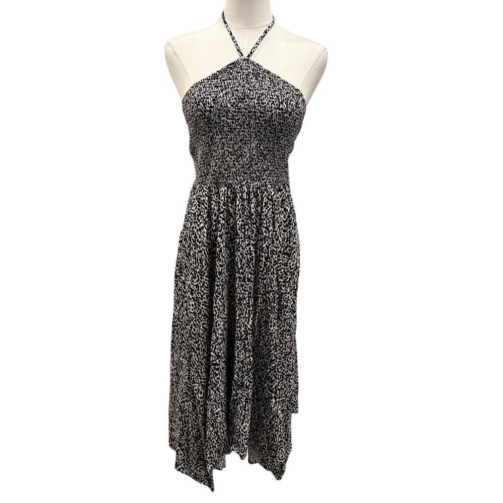 Old Navy Cream Black Fit and Flare Halter Midi Dress Medium Handkerchief Hem